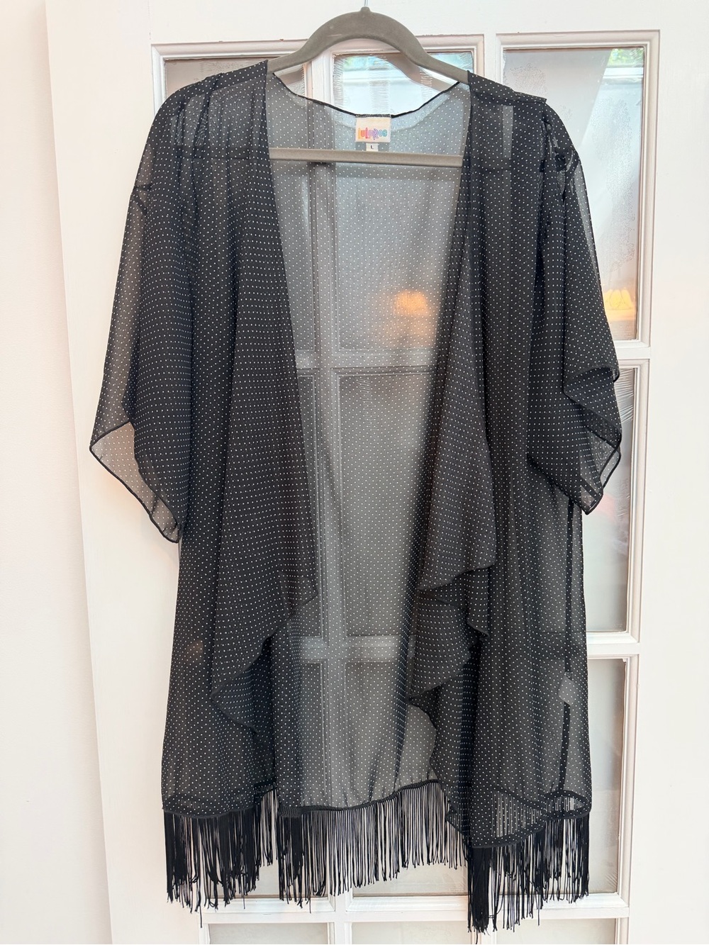 LuLaRoe Monroe Pinup Rockabilly Black Sheer Polka Dot Fringe Kimono Size Large L